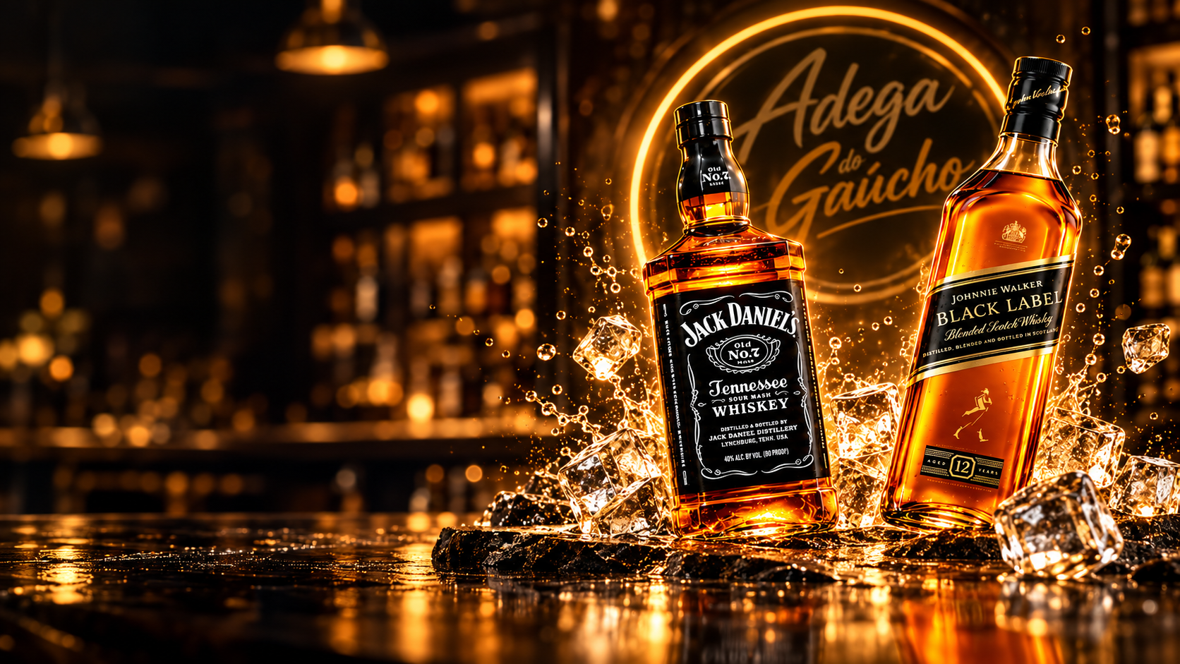 Jack Daniel’s e Johnnie Walker Black Label sobre gelo, com a marca Adega do Gaúcho e fundo de bar dourado